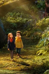 Two children walking into a sunlit forest in the teaser artwork for the LAIKA film Wildwood